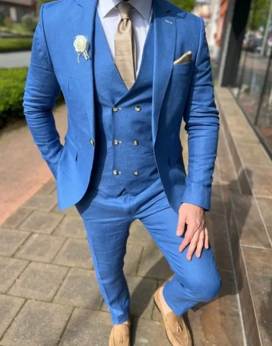 Aqua blauw Puur Linnen Kostuum Heren