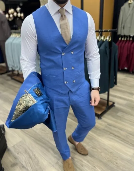 Aqua blauw Puur Linnen Kostuum Heren