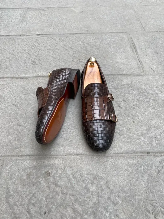 Bruine geweven schoenen - loafers / handgemaakt kalfsleer