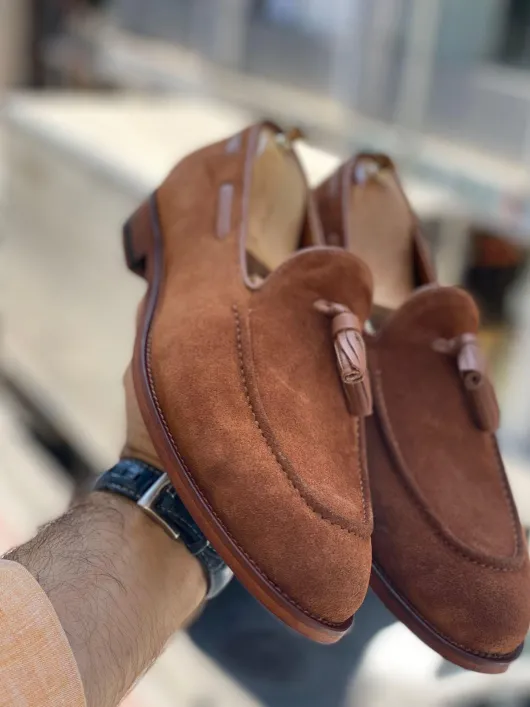 Cognac suede mocassins/ camel tassel loafers