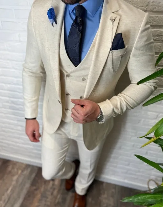 Creamy Beige linnen look trouwkostuum