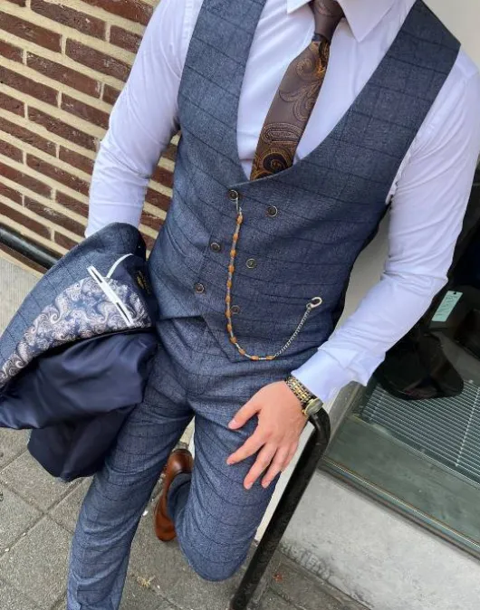 Elegant Blauw Geruit Pak