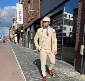 Licht beige Trouwpak met grof linnen look